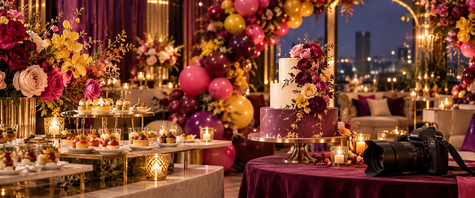 A catered celebration with floral décor, balloons, a custom cake, and event photography
